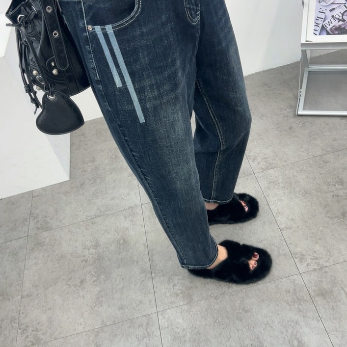 에브리룩 블랙 사인 뒷밴딩 스판 데님 청바지(M-2XL)