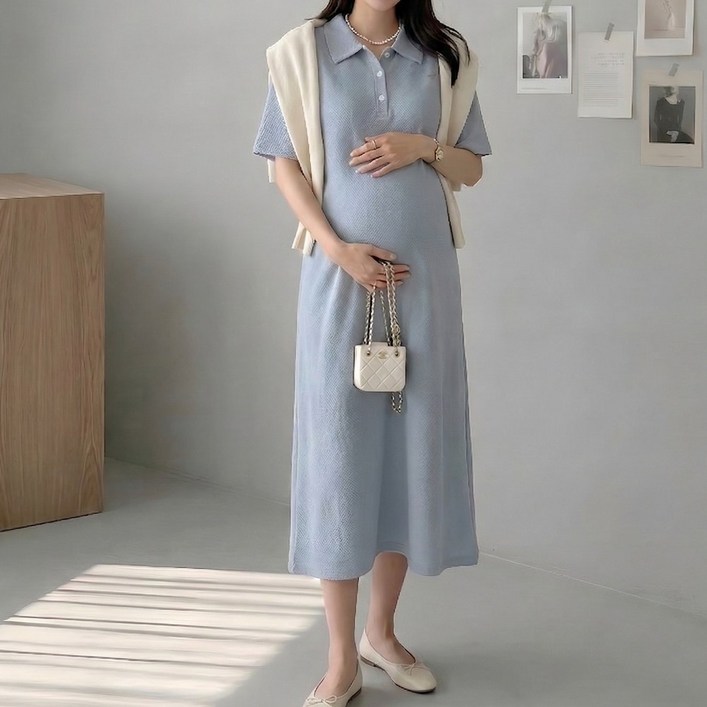 당일출고 수엠W 임산부 카라 롱원피스 수유가능 반팔 여름 하객룩 T08 라인버튼원피스