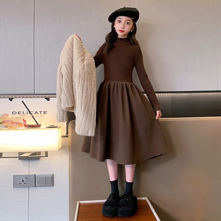 주니어 초등학생 반목 골지 스웨터원피스 니트 하이넥 플레어 원피스