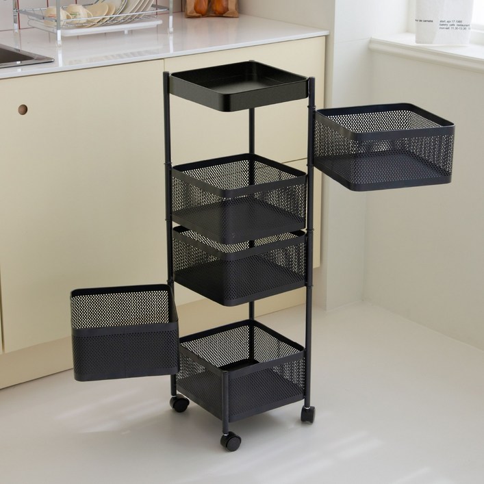 라즈웰 이동식 트롤리 수납함 회전 철제 수납장, 블랙, 5단