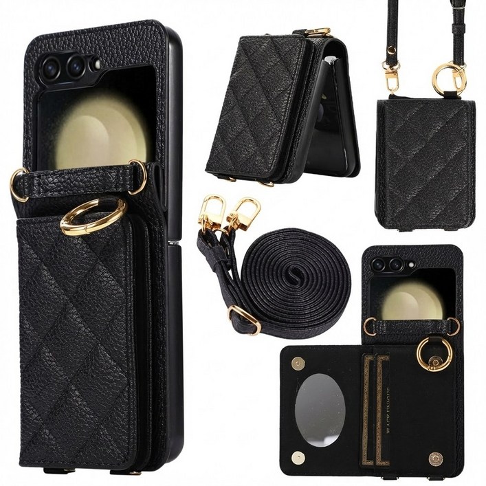 EVOL Z플립 케이스 퀄팅 가죽 힌지보호 핑거링 내장 거울 2장수납 카드지갑 스트랩 포함