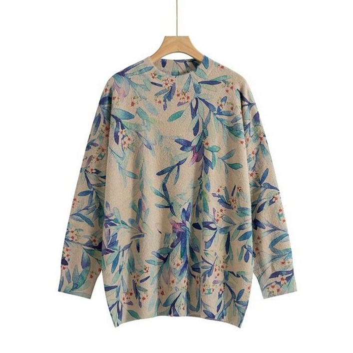 스웨터 가을 복고풍 새 어머니 옷 잉크 세척 그림 인쇄 패턴 모조 말총 느슨한 니트