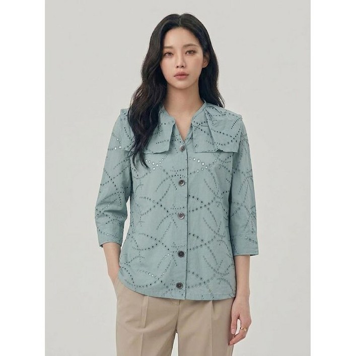올리비아하슬러 블루 아일렛 펀칭 러 카라 블라우스 OHCMBL104