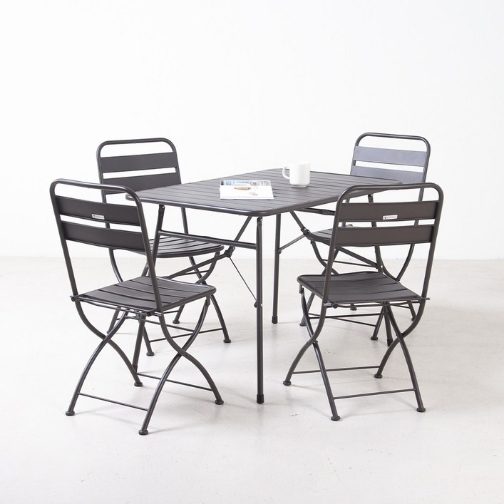 바젤 접이식 야외 테이블 의자 세트 4인 철제 체어, 차콜