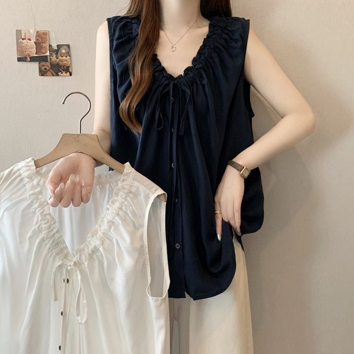 lofei 여성 여름 루즈핏 프릴 민소매 상의