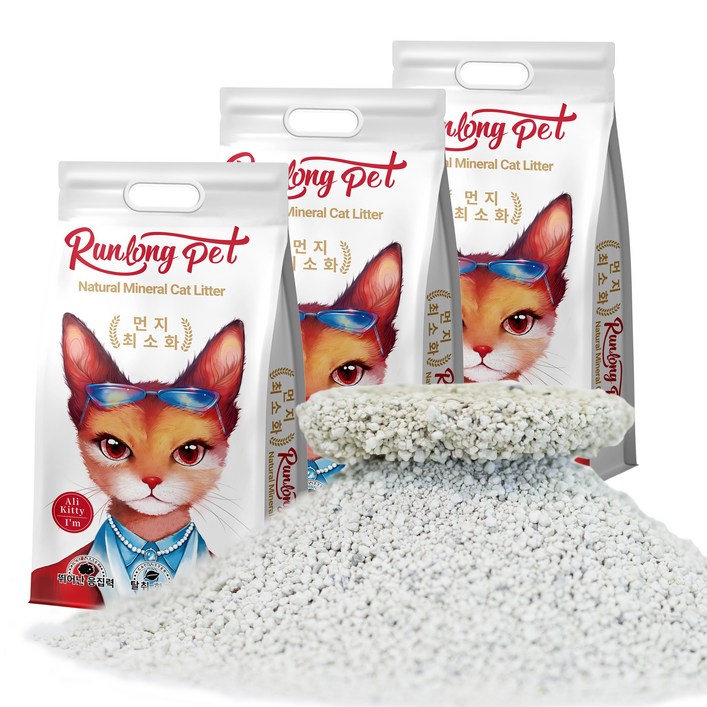 RUNLONG PET 고양이 모래 벤토나이트,오리지널 대용량 먼지없는 가는입자 캣 샌드, 30L, 6kg, 3개, 무향