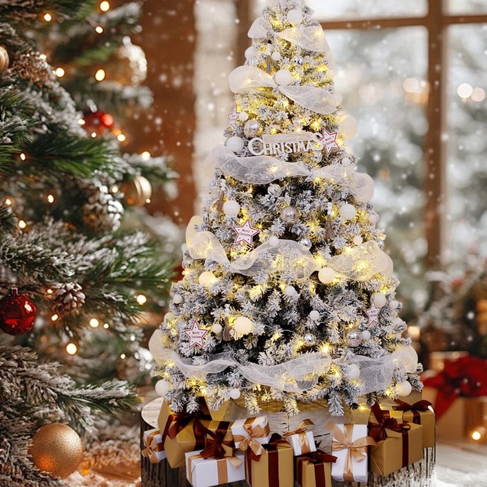 고품질 레트로 미니 크리스마스트리 세트, 받침대, LED 조명 및 다양한 정교한 장식품 포함. 거실, 쇼핑몰 등 실내외 장소에 적합합니다. 트리 본체는 모두 녹색,140cm, 샴페인와인 풀세트