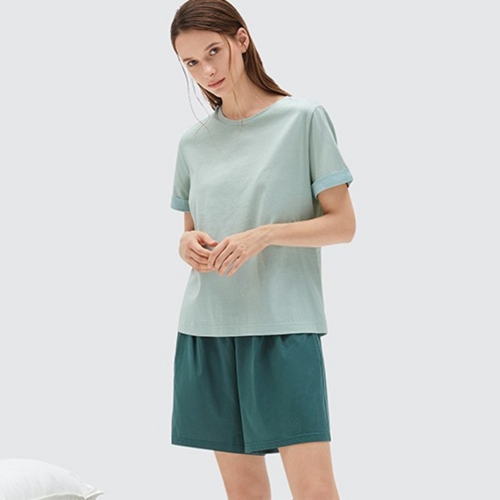 오오아 비치글라스그린 숏슬리브 숏팬츠세트 여성 고급 반팔반바지 홈웨어