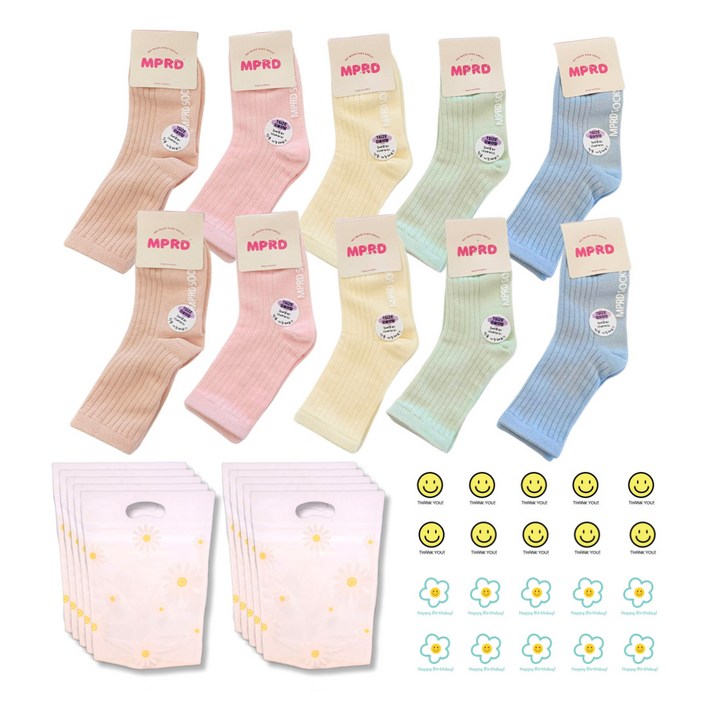 [미포리댁] 어린이집 생일 답례품 선물 유치원 졸업 입학 구디백 아동 유아 키즈 양말, 10개, 양말+데이지 지퍼백