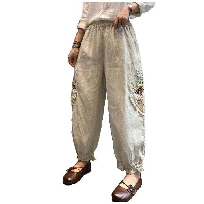 여름 여자 자수 패치 레이스 린넨 팬츠M3XL 아이버리아 A8 F705J992