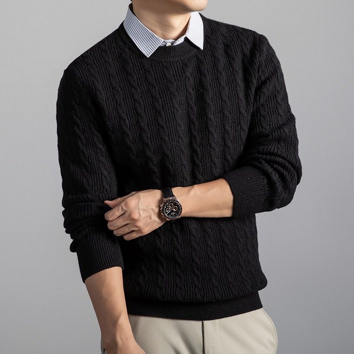 남성 가을 겨울 꽈배기 울 이중 카라 니트 두꺼운 니트