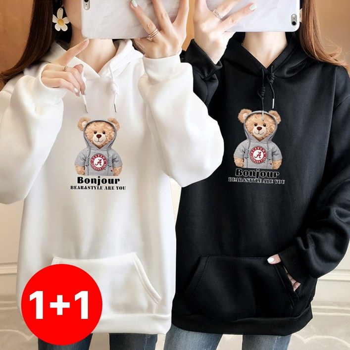 1+1 스타일아유 여성 기모 후드 곰 프린트 레터링 티셔츠 맨투맨