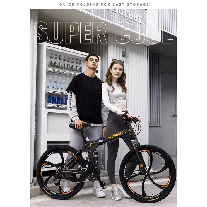 접이식 자전거 원터치 입문용 24인치 26인치 21단 여행 삼륜휠 MTB 출퇴근 폴딩, 1개, 170cm, 블랙화이트