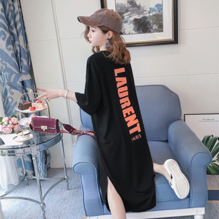 프리티글라라 레터링 반팔 원피스 롱티 실내복 홈웨어  s-04