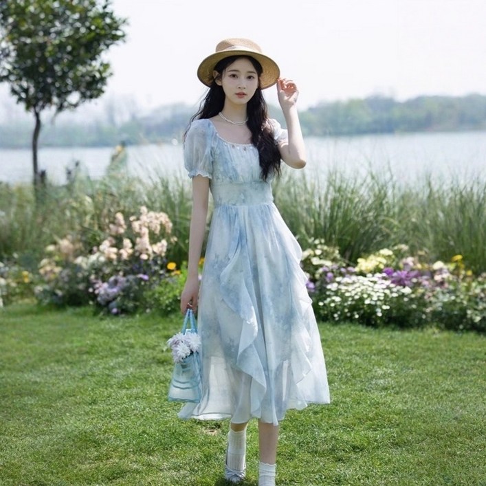 LUNATURE 여성 여름 플라워 쉬폰 휴양지원피스 허리끈 리조트룩