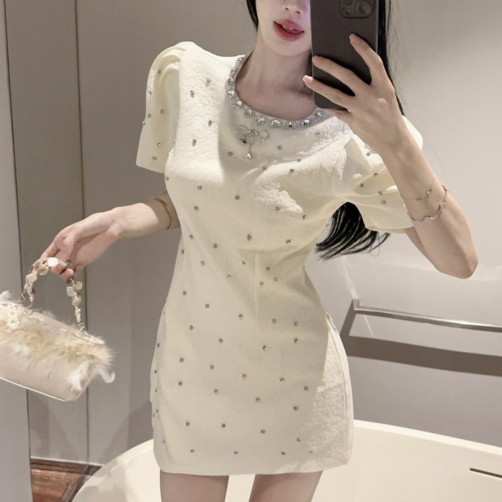 옷깔난다 큐티 스타일 퍼프 슬리브 큐빅 미니원피스 야링원피스