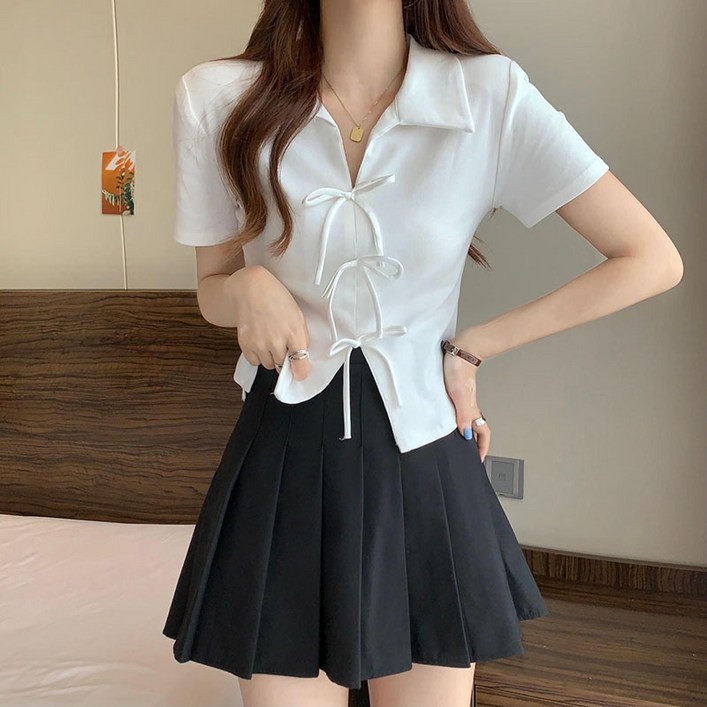 ANYOU 여름 반팔티 칼라 여성 리본 티셔츠