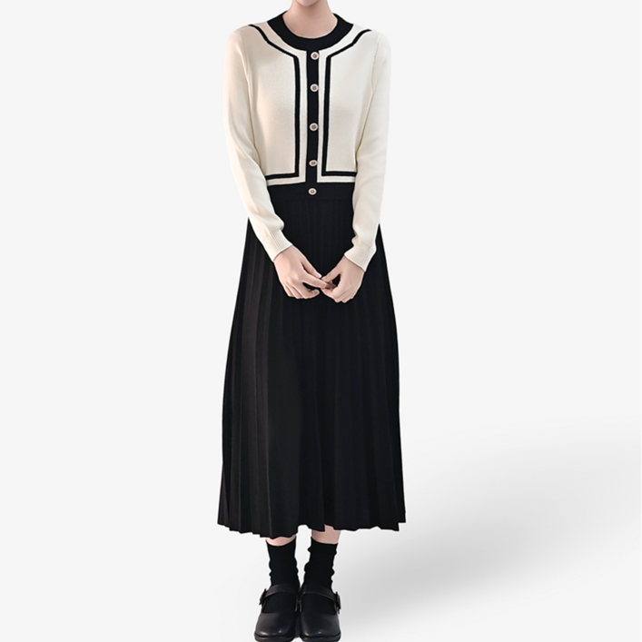 클레이스 니트 배색 플리츠 롱원피스