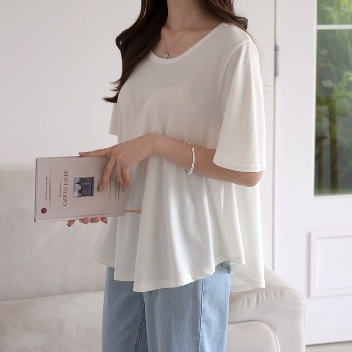 데일리앤 하늘하늘 무지 훌 플레어 반팔 티셔츠