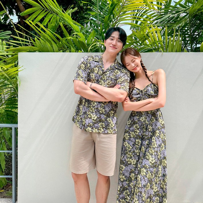 4477 우버드 정글 산책 휴양지 커플룩 신혼여행 여성 여름 바캉스 롱원피스 허니문 하와이안 비치룩 시밀러룩 반팔셔츠 세트 휴가 여행용 베트남 해변옷