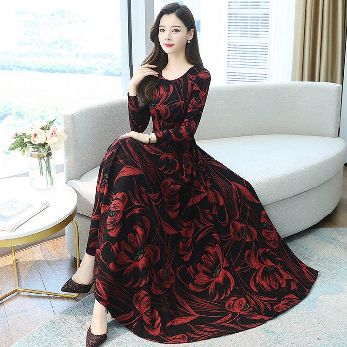 AOKADA 여성 가을 하객룩 오피스룩 플라워 프린팅 A라인 롱 원피스