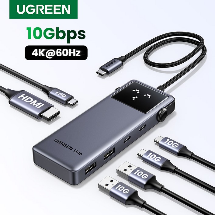 UGREEN 유그린 Uno 6 in 1 C타입 멀티 허브 10Gbps 데이터 전송 포트 4K60Hz HDMI2.0 지원 스마트 이모티콘 상태 표시, 1개, Grey UGREEN 유그린 Uno 6 in 1 C타입 멀티 허브 10Gbps 데이터 전송 포트 4K60Hz HDMI2.0 지원 스마트 이모티콘 상태 표시, 1개, Grey