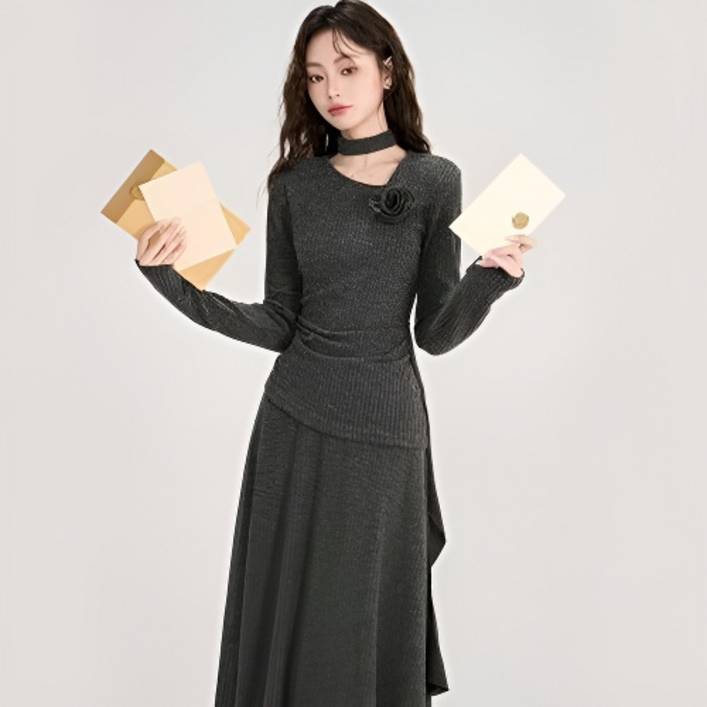 ANYOU 여성 트레이닝복 세트 프렌치 니트 세트 여성 투피스 치마세트 세트 봄가을 상하의 투피스