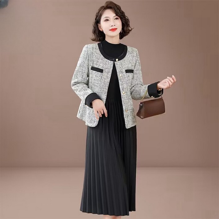 중년 엄마 트위드 재킷 긴팔 원피스 투피스