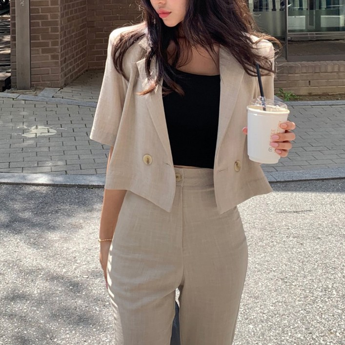 떳다그녀 플로니 린넨 부츠컷 슬랙스  크롭 자켓
