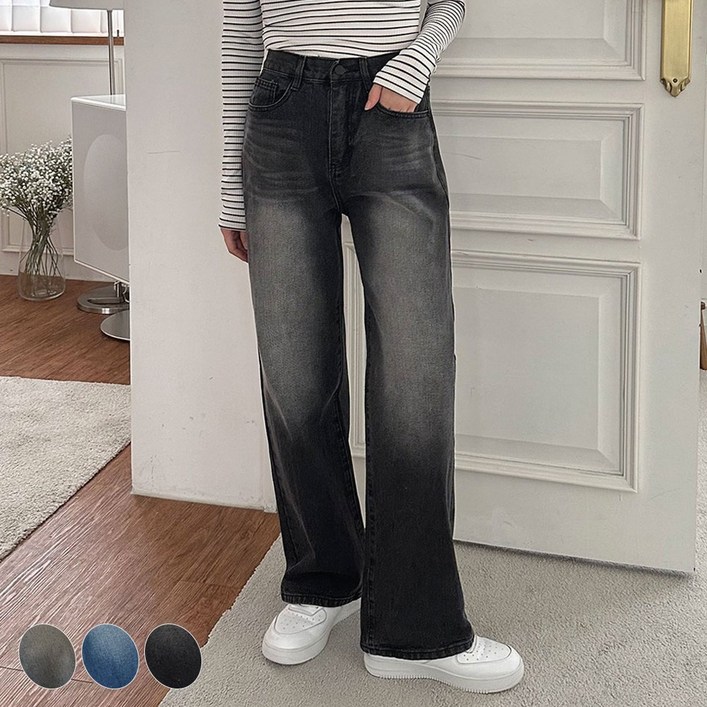 오버나인 여성용 숏미들롱 3XL 3단기장 반밴딩 와이드 청바지