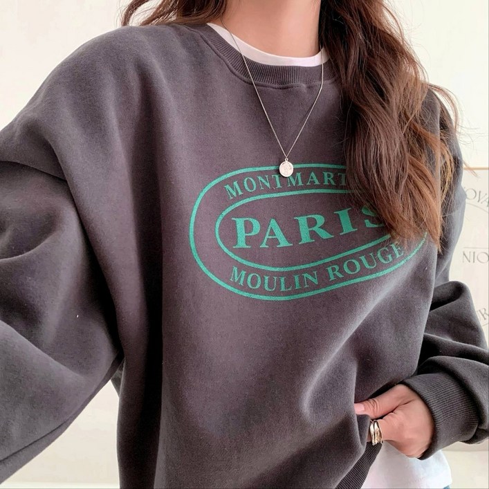 글로리원 여성용 코튼 기모 파리 레터링 데일리 루즈핏 맨투맨