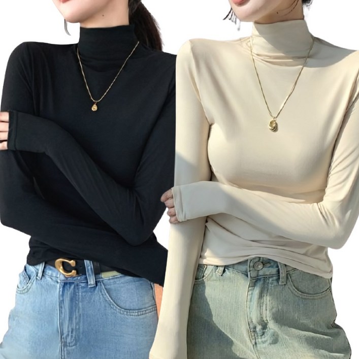 니드오브 여성 부드러운 목폴라티 얇은 이너 목티 긴팔 2종세트