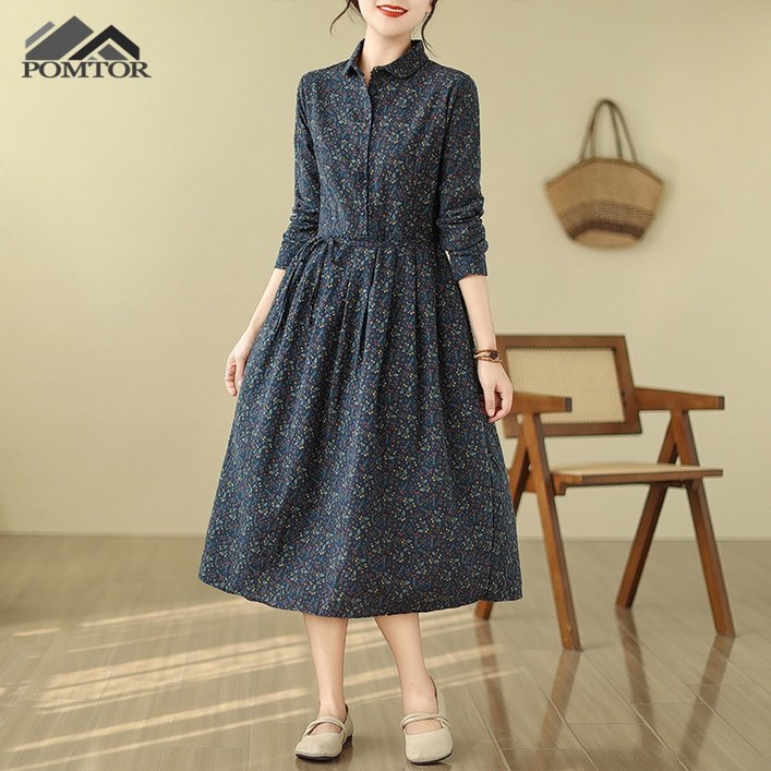 POMTOR 여성 면마 긴팔 슬림 플라워 미디 원피스 엄마옷