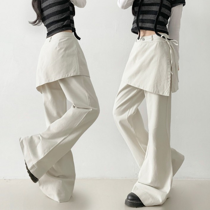 제이앤썸 랩팬츠 부츠컷 팬츠 레이어드 치마바지 언발 랩스커트 코튼 바지 리본 스트랩