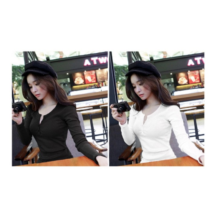 화인홈 니트 여자 긴팔 니트티 여성단추긴팔티 1P 여자 딱붙는 예쁜 슬림핏 골지 니트티