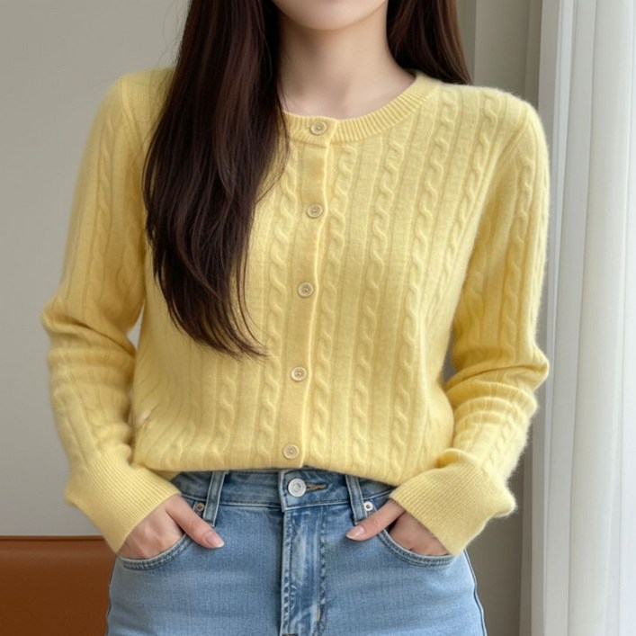 YEON HOME 여성 꽈배기 니트 라운드 가디건 데일리
