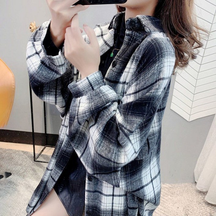 여성스러운 가오리 롱 가디건 체크 무늬 셔츠 겸 재킷 가을 기모 코디하기 편안한