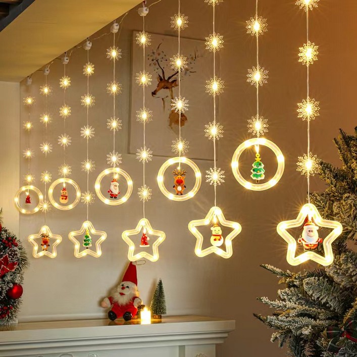 워스해빙 블링블링 크리스마스 눈꽃 LED 가랜드 알전구 줄조명 건전지타입 (링+트리/링+별), [2]링+별 눈꽃 줄조명