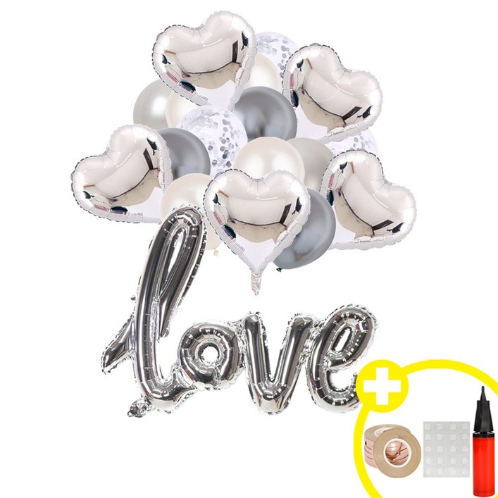 [러블리 파티] love 하트 은박풍선 컨페티 혼합풍선 파티용품세트 인생샷 포토존 연출템 5옵션 [에브리띵스마일] 1228, 1세트, 실버 혼합 풍선