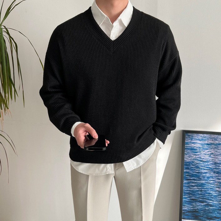 남자 제인드 브이넥 오버핏 니트 긴팔 스웨터 티셔츠 옷 가을 겨울 간절기 옷 코디