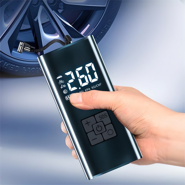 타이어 공기압 주입기 휴대용 무선 올인원 세트 6000mAh 타이어 압력 모니터링led손전등보조배터리자동차 농구공 자전거 오토바이 다용도에어펌프, 블랙, 1세트