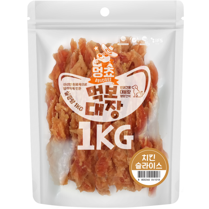 멍쵸 먹보대장, 대용량 강아지간식, 1kg, 1개, 치킨슬라이스