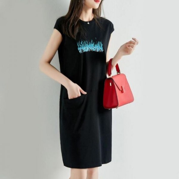 듀엘스커트 스커트 패션 프린트 여성 드레스 여름 롱 민소매 블랙 티셔츠 캐주얼 의류 195520