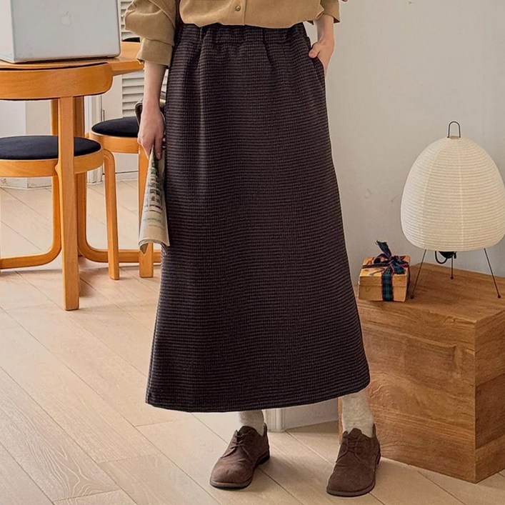 로로텐 체크 울 밴딩 롱스커트 뒷트임 A라인 여성 빅사이즈