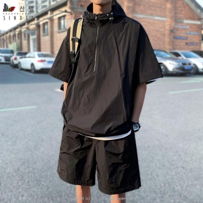 신델 데일리 남녀 공용 캠핑 후드 트레이닝 반팔 운동복 세트 sg0488