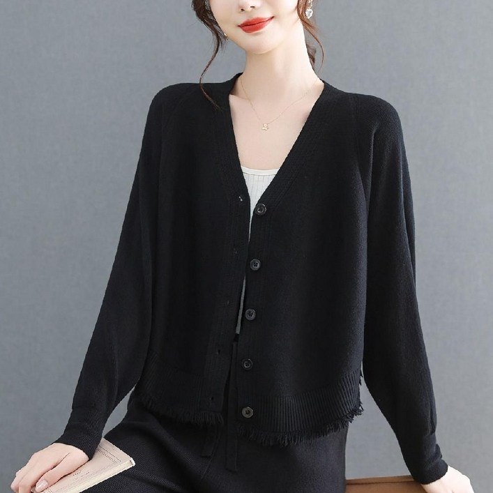 여성 블랙 니트 카디건 봄가을 짧은 겉옷 가오리 스웨터 쇼트 A22Z3E 원템1