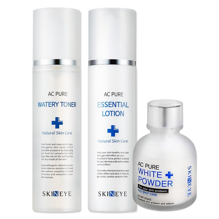 스킨아이 AC 퓨어 워터리 토너  에센셜 로션 화이트파우더 SET 여드름 기초 스킨케어 3종 SET, 1세트