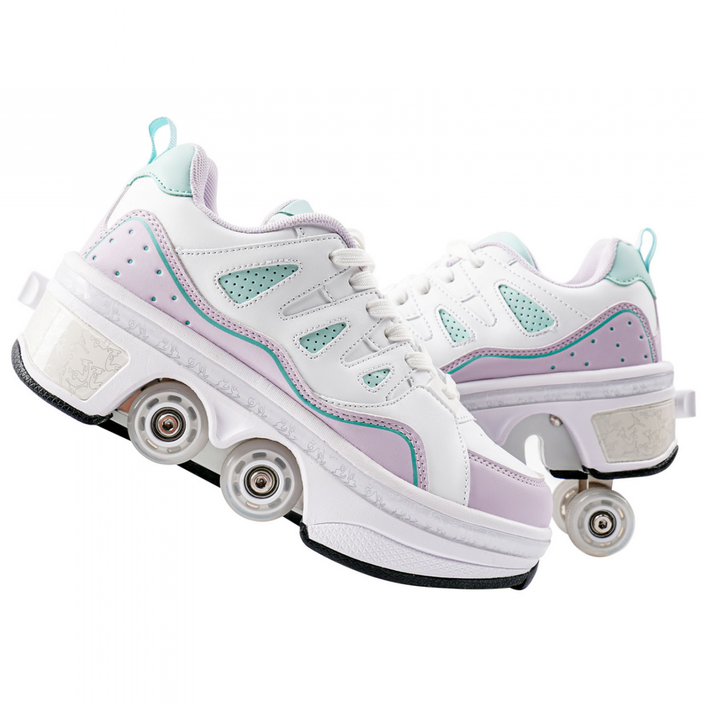 Pairduck남녀공용 접이식 롤러스케이트 인라인스케이트 LED 컬러 조명 포함 쿼드 스케이트, 1개, 흰색 보라색 로우탑 04