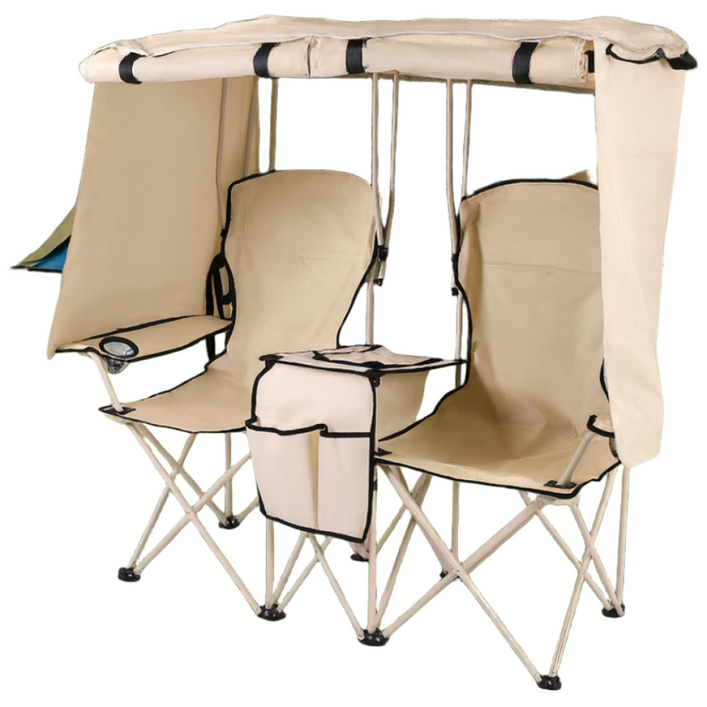 제니로이드 2인용 캠핑 낚시 해변 겸용 접이식 의자 일체형 차양  방수 캐노피 디렉터 체어, 카키 베이지
