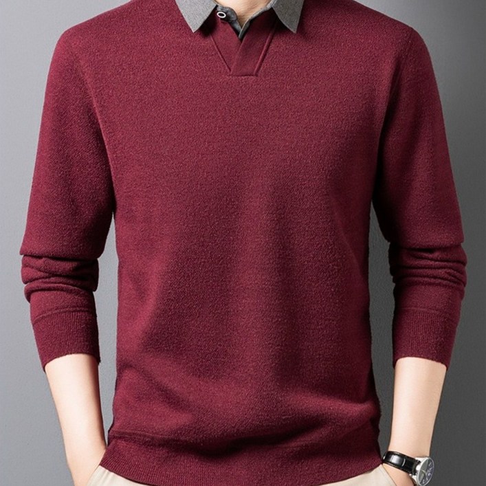 남성 가을 겨울 이중 V넥카라 기모 울 니트